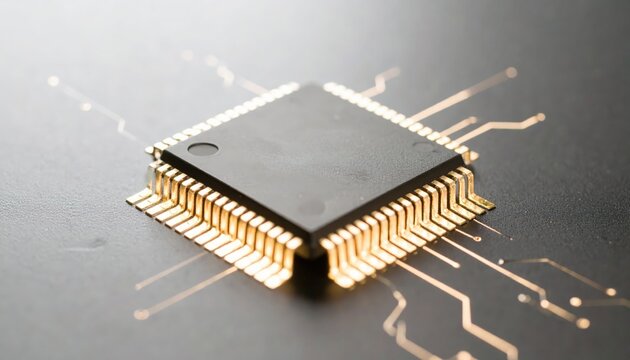Close-up of a modern high-performance microprocessor chip with intricate circuit connections on a dark background