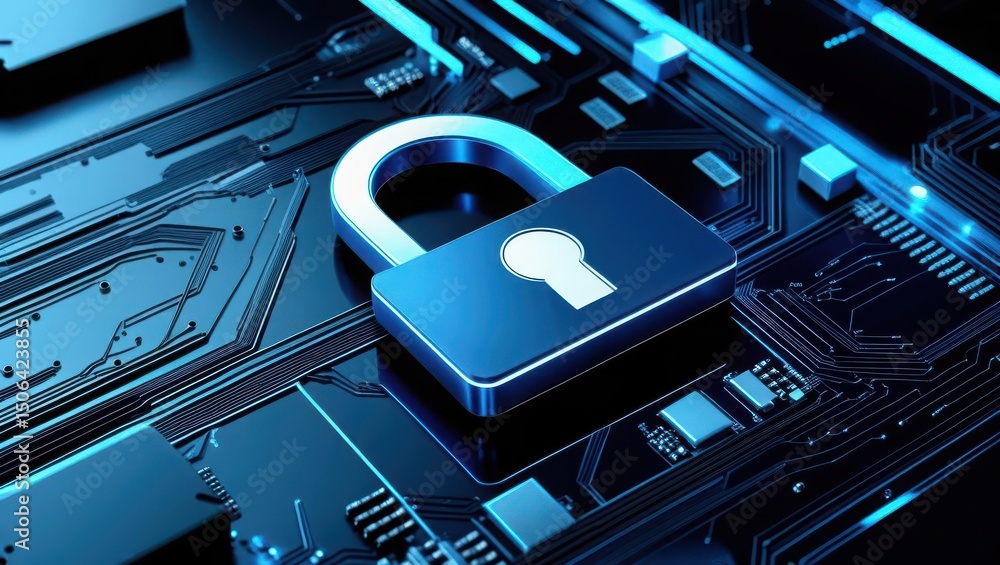 Aufkleber advanced cybersecurity technology featu a padlock icon on a digital circuit board emphasizing data p