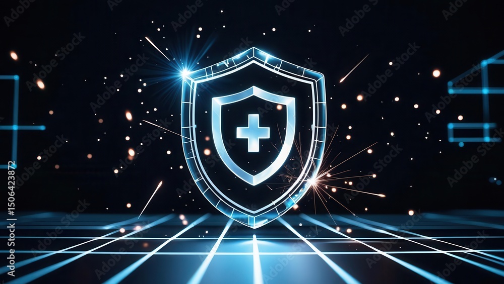 Aufkleber digital security shield icon with cross symbol over futuristic cyber background in high tech defense