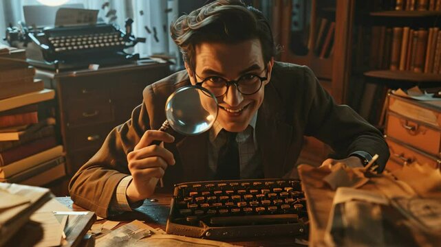 An enthusiastic detective with a magnifying glass, surrounded by stacks of books and papers. The excitement and curiosity in his expression as he dives into solving a mystery.