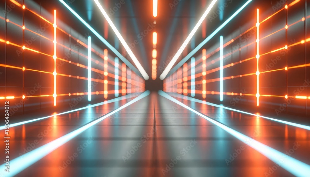 Poster futuristic tunnel with glowing orange and blue lights creating a high tech digital environment 3d re