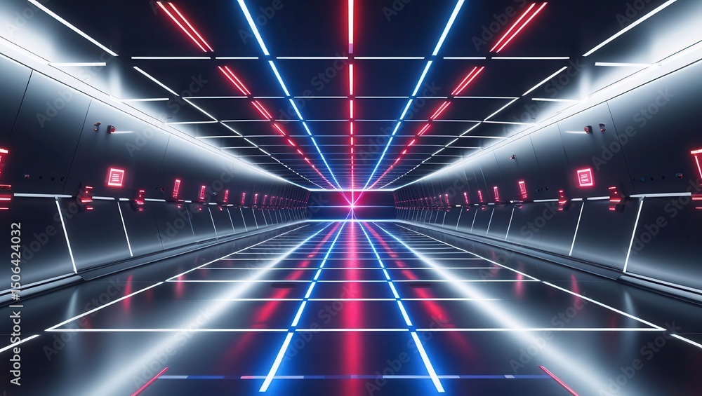 Poster futuristic neon tunnel with glowing light lines and dynamic perspective in a high-tech environment