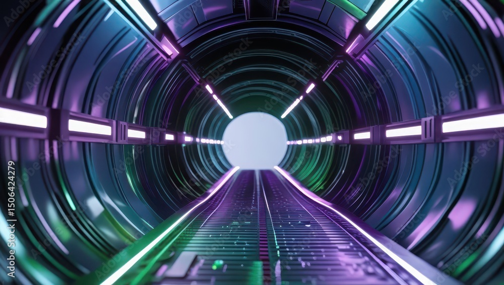 Poster futuristic neon tunnel with glowing lights and vibrant colors creating a dynamic sci fi atmosphere