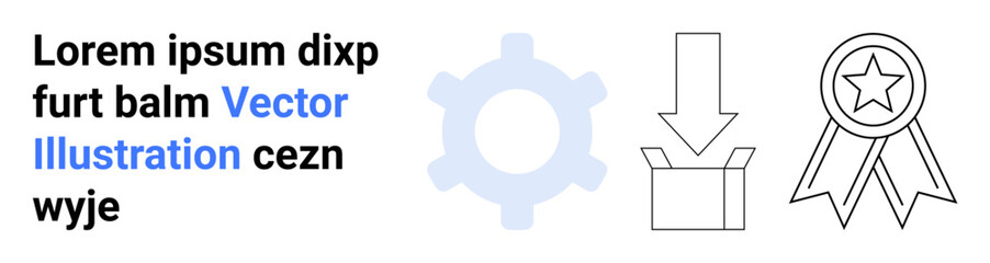 Gear for process, box with arrow for delivery, award ribbon for achievement. Ideal for workflow, logistics, achievement, productivity, quality assurance, supply chain simple landing page