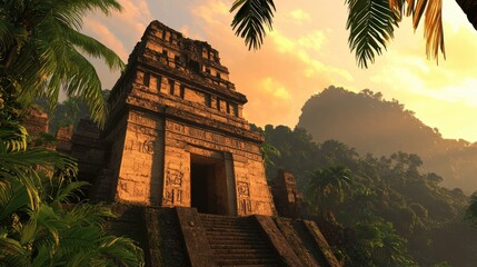 Towering stone temple ruins surrounded by verdant palm trees and dense vegetation set against a dramatic cloudy sky during a vibrant sunset