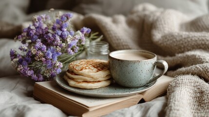 Cozy morning ritual pancakes and coffee in a relaxing bedroom nook with floral accents