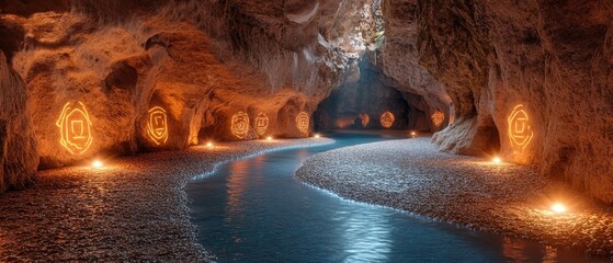 mystical canyon with glowing symbols carved into the walls and a river of light flowing through, Generative AI