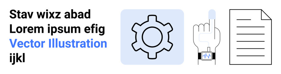 Gear icon, smart watch on hand with raised finger gesture, and document outline. Ideal for technology, productivity, organization, automation, innovation, education simple landing page