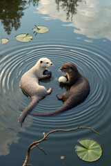 Fototapeta premium Playful Otters with Yin Yang Theme in Serene Nature Setting