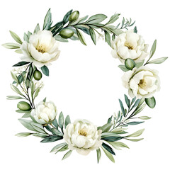 Obraz premium Watercolor floral wreath with white peonies and olive branches isolated on transparent background