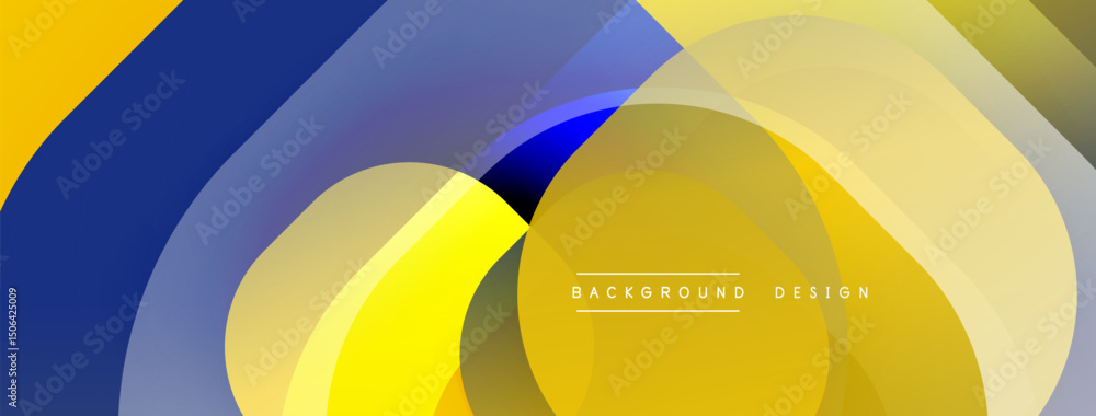 Poster Abstract design features overlapping circles, vibrant yellow, blue hues. Modern aesthetic, smooth gradients create dynamic visual effect.