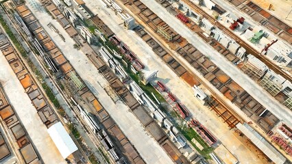 Fototapeta premium A glimpse into the heart of infrastructure development, where raw concrete components are being prepared for future construction projects, with workers and cranes efficiently coordinating tasks. 