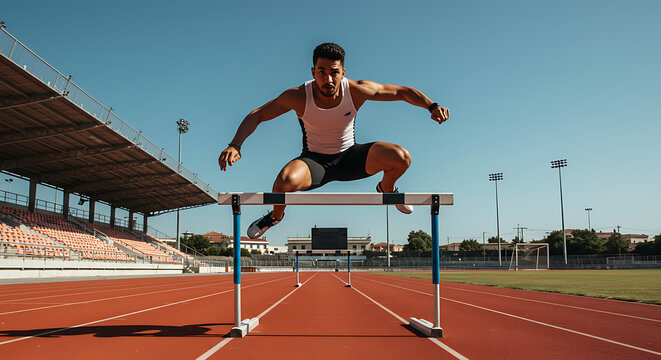 Focused athlete midair leaping over hurdle on sunlit track - Powered by Adobe