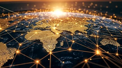 Digital world Golden continents on dark blue ocean, interconnected by glowing lines, simulating a global network, sun rising in the sky - Powered by Adobe