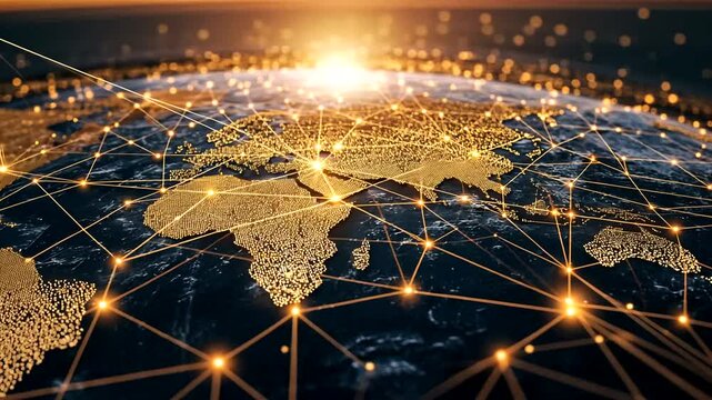 Digital world Golden continents on dark blue ocean, interconnected by glowing lines, simulating a global network, sun rising in the sky - Powered by Adobe