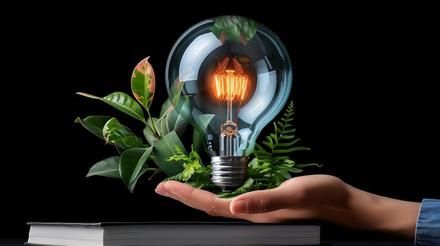 Sustainable Energy Concept: Hand Holding Light Bulb with Plant - Powered by Adobe