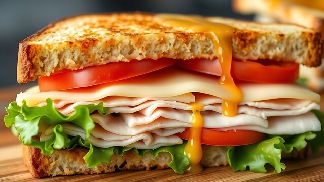 Mouthwatering Turkey Sandwich with Fresh Vegetables and Melted Cheese Drizzled with Honey Mustard on Toasted Bread Close up View on Wooden Cutting Board