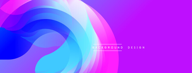 Abstract flowing shapes, vibrant blues, purples, pinks create dynamic background. Modern design elements suggest movement, energy.