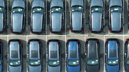 This close-up view captures the meticulous arrangement of cars, illustrating the efficiency of vehicle storage and handling at a distribution center, ensuring easy access and organization.
