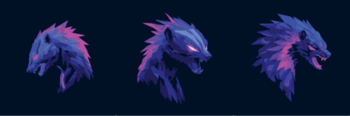 Wolf Mascot Head Logo Trio with Abstract Geometry in Glowing Vector Style ideal for wilderness games and dark team branding
