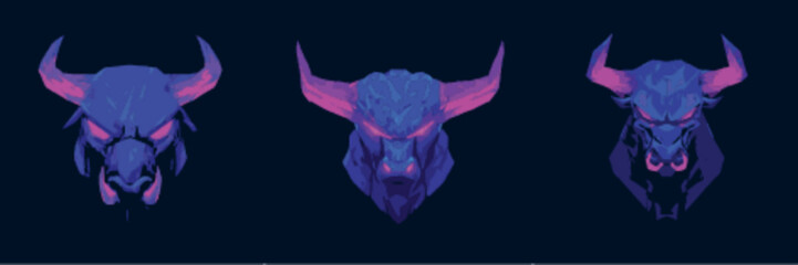 Bull Mascot Head Logo Trio with Thick Horns in Neon Vector Style best for aggressive sports logos and power-themed emblems
