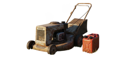 Isolated 3D Render of a Rusty Vintage Lawnmower with a Gas Can