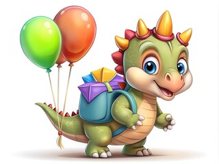 Fototapeta premium Cute Dinosaur with Backpack and Balloons for a Celebration
