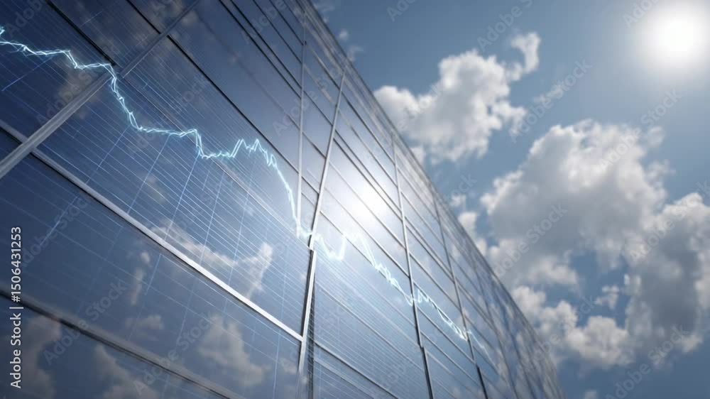 Poster skyward ascent: the reflective surface of a modern building shimmers with a dynamic graphic, mirrori