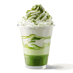 Adorable matcha latte in transparent cup with foam art and green powder sprinkle on white background