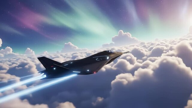 Light Aurora Burst with Stealth Fighter Jet Over Clouds