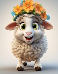 sheep with flower hat cartoon 