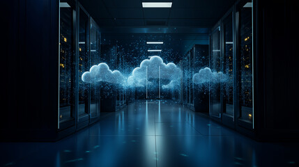 Futuristic data center with glowing cloud icons representing cloud computing and digital storage.
