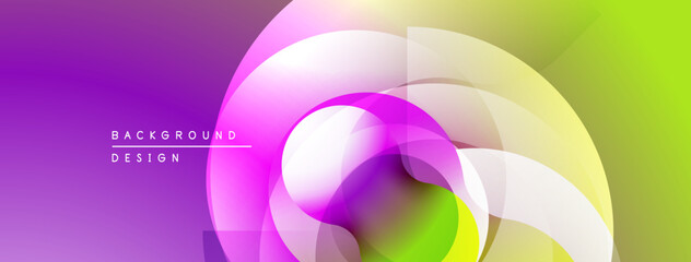 Abstract vibrant design. Overlapping layers create dynamic visual effect. Purple, green, white hues blend seamlessly. Modern aesthetic.