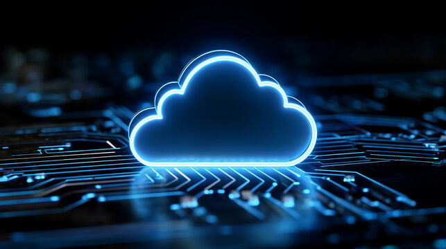 Futuristic data center with glowing cloud icons representing cloud computing and digital storage.
