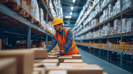 Warehouse worker in safety gear handling cardboard boxes among shelves in a large distribution center.

