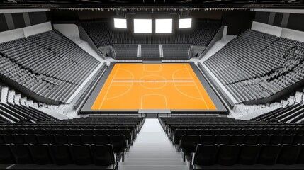 Fototapeta premium Empty arena with orange court and grey seats.