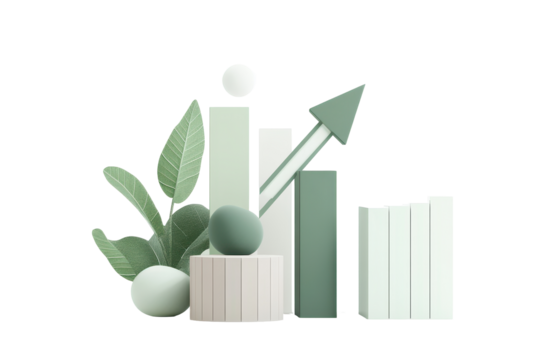 Stylized 3D graphic depicting growth; pale green bars rising, upward arrow, potted plant