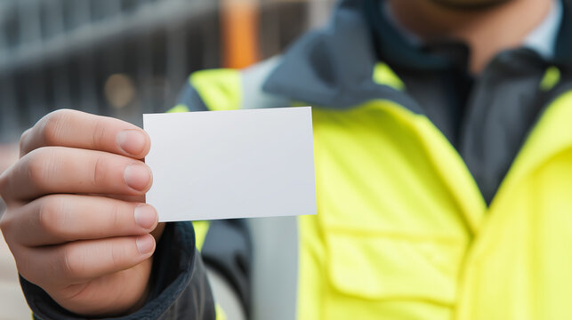Construction engineer wearing safety gear holding a blank business card at an active building site.
