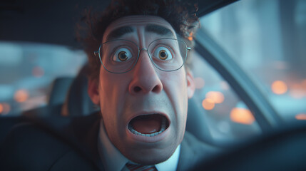 Animated man with a shocked expression behind the wheel in a car during a traffic jam.
