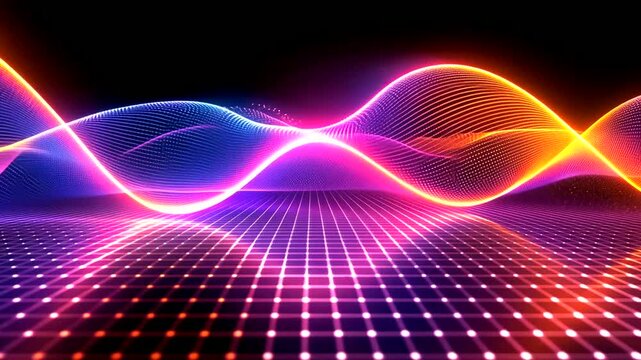 Glowing waves of magenta, blue, and orange flow over a grid of pink dots against a dark background, conveying a futuristic energy
