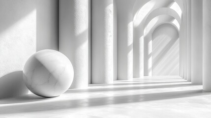 A serene all white hall of columns and arches bathed in peaceful sunlight evoking a sense of clean purity and