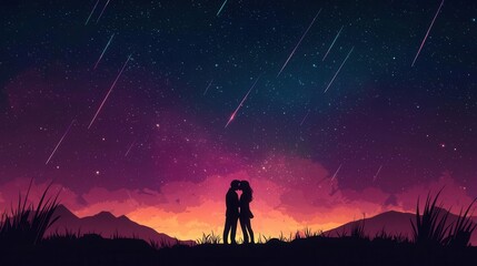 Fototapeta premium Silhouette of couple kissing under a meteor shower in the desert, cosmic love theme
