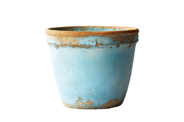 A small, pale blue ceramic pot with a rustic, aged appearance; showing signs of wear and discoloration, particularly around the rim