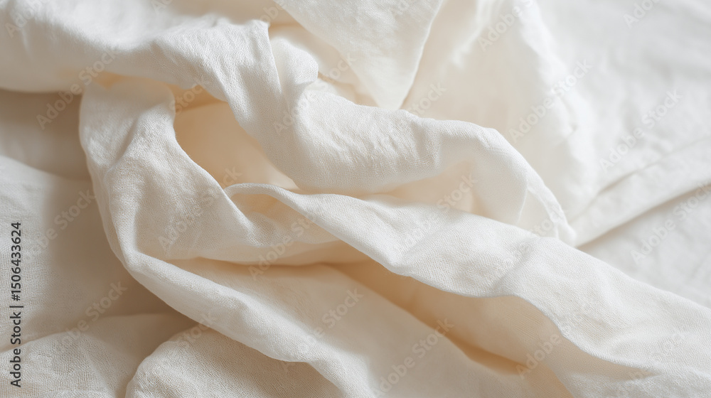 Aufkleber close-up of soft white fabric with gentle folds and creases, creating a calming texture.