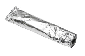 A roll of shiny, metallic aluminum foil, tightly wrapped, showing its cylindrical form and reflective surface