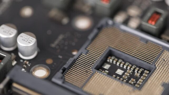 Motherboard, CPU, old computer with microchip.