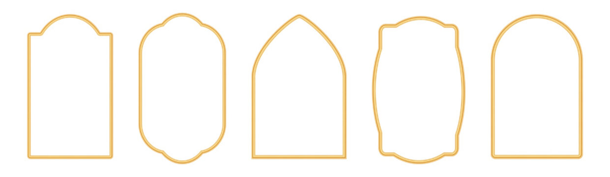 Collection of golden arches in oriental style. Arabic golden frames, traditional islamic window shape, gates, doors, mosque arches, moroccan borders. Muslim architecture design elements. Vector