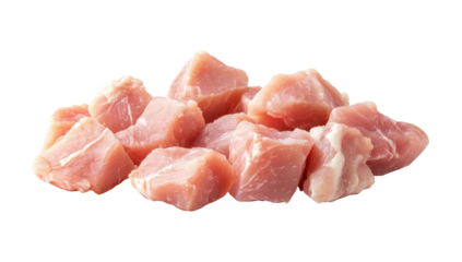 A pile of pale pink, cubed raw meat, possibly pork or chicken,  glistening slightly,  isolated on a black background