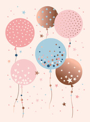 Pastel round balloons with stars hearts and confetti on beige background