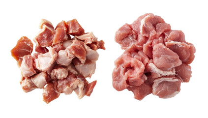 Two piles of raw, diced pork, one with smaller, more uniform cubes than the other, shown against a black background